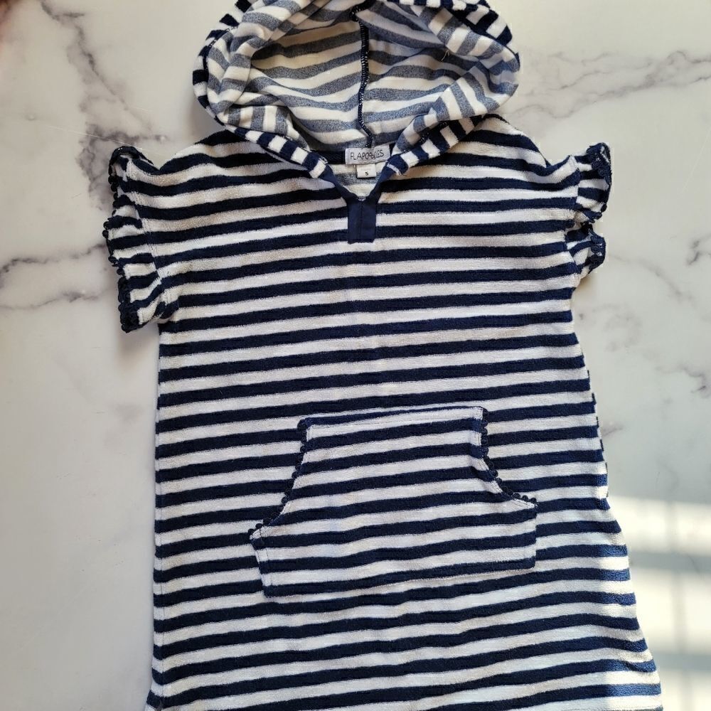 Flapdoodles Dress size 5 terry cloth swim cover dress hoodie navy blue white str